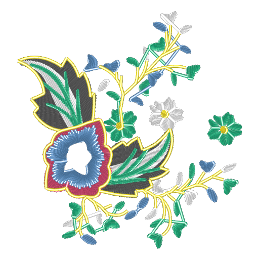 蓝红花绿枝式刺绣